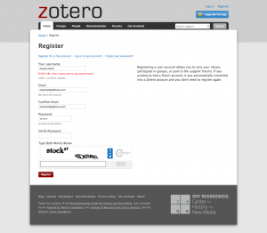 Zotero registration screenshot 1
